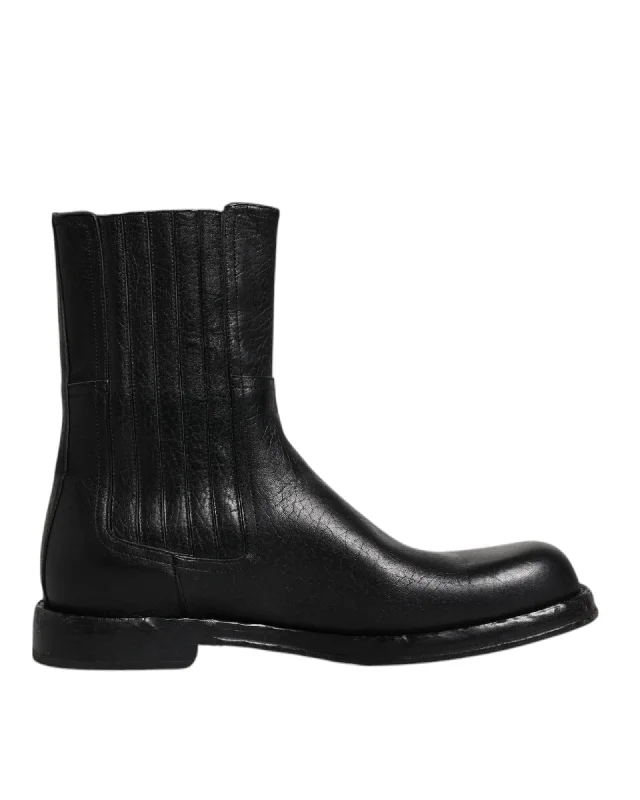 Dolce & Gabbana Leather Mid Calf Boots with Logo Details