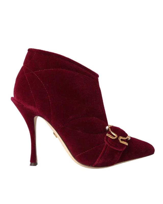 Dolce & Gabbana  Burgundy Velvet Ankle Boots with Gold Buckle Detail
