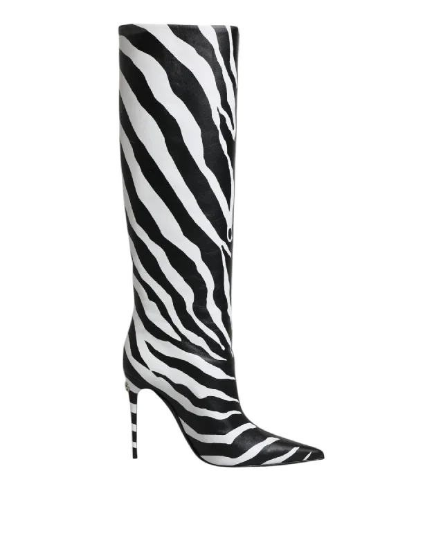 Dolce & Gabbana Zebra Print Leather Boots High Heel Knee High Boots