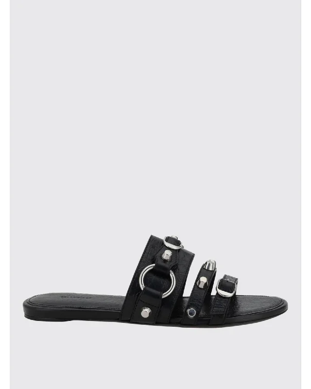 Balenciaga Sandals Studded Leather Flat Women Black Flat Sandals