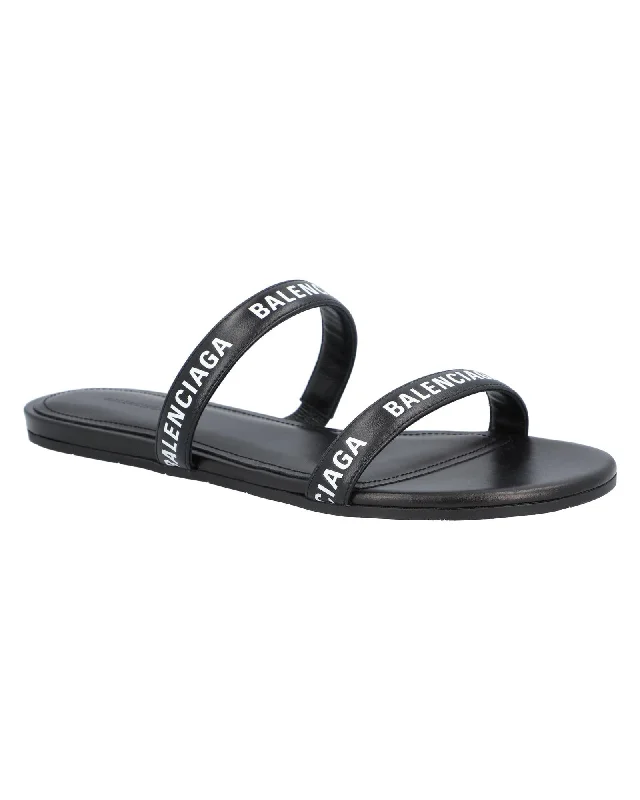 Balenciaga Logo Leather Slides Women Black | Black Sandals