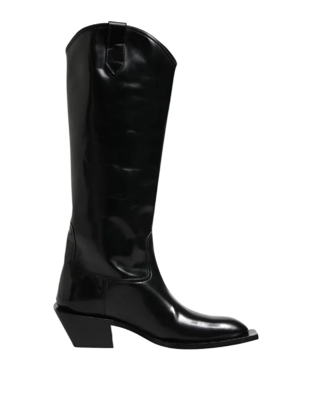 Dolce & Gabbana KneeHigh Leather Block Heel Boots Men Black