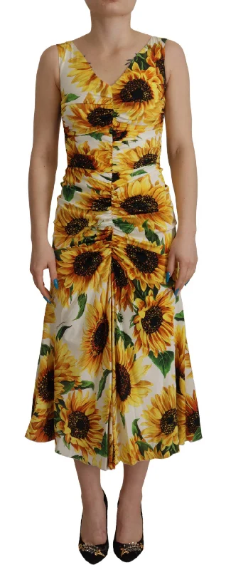 Dolce & Gabbana Sunflower Print Sheath Midi Silk Dress