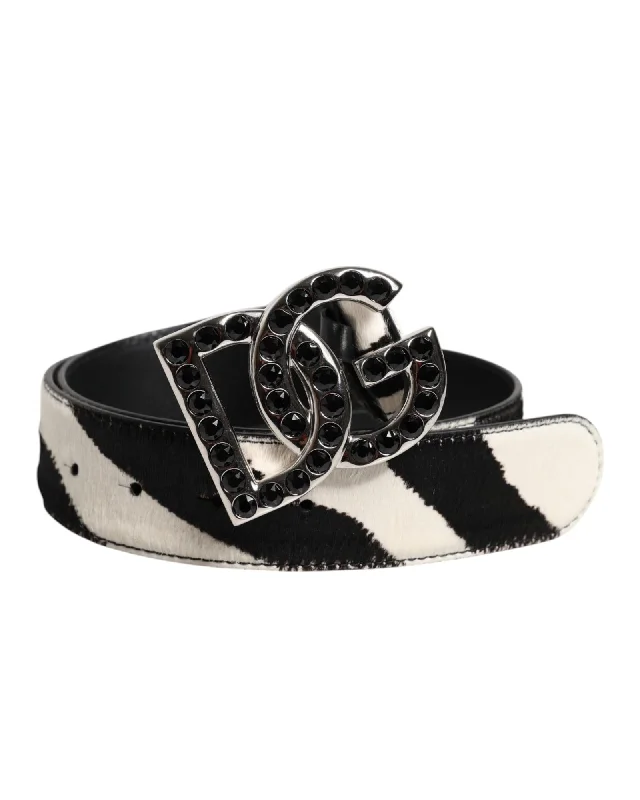 Dolce & Gabbana Zebra Print Haircalf Belt Crystal Buckle Women Black And White