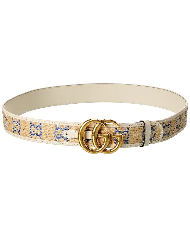 Gucci Gg Straw & Leather Belt
