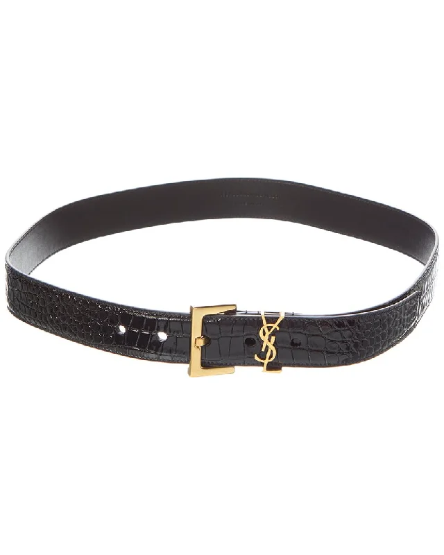Saint Laurent Cassandra Croc-Embossed Leather Belt