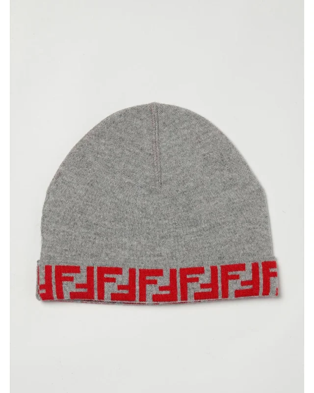 Fendi Logo Band Cashmere Beanie Kids Grey Hats
