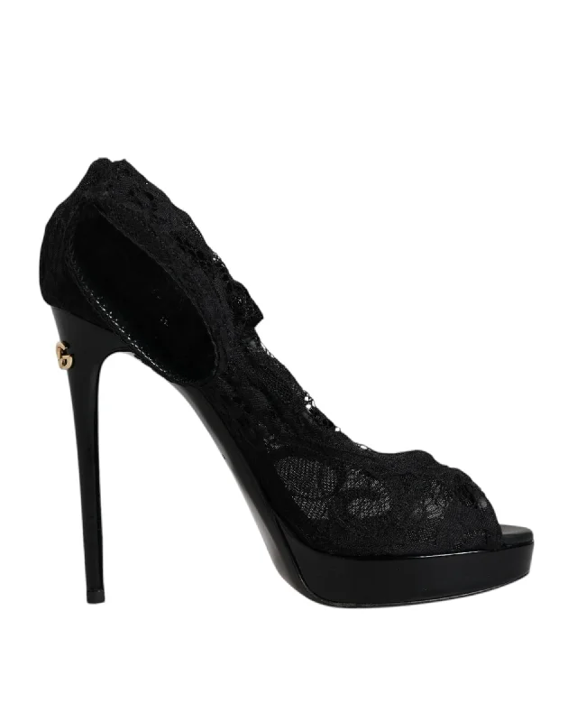 Dolce & Gabbana Stretch Taormina Lace Boots with Leather Sole and Buckle Closure