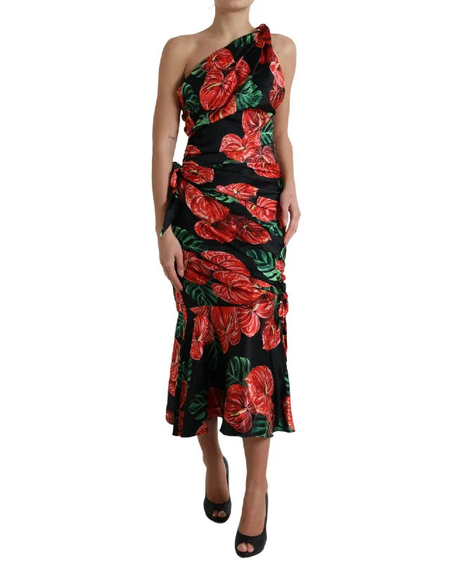 Dolce & Gabbana  Floral Print One Shoulder Silk Dress - Black