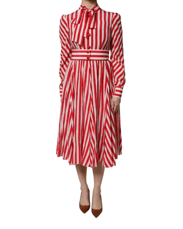Dolce & Gabbana Silk Striped ALine Dress Women White And Red Dresses