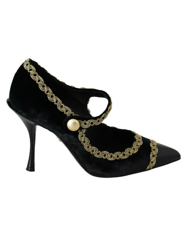 Dolce & Gabbana  Women's Black Velvet Pumps with Gold Embroidered Details