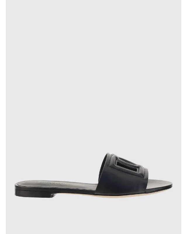 Dolce & Gabbana DG Leather Slides CutOut Design Women Black Sandals