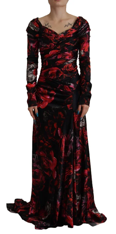 Dolce & Gabbana  Floral Print Long Sleeve Gown - Red