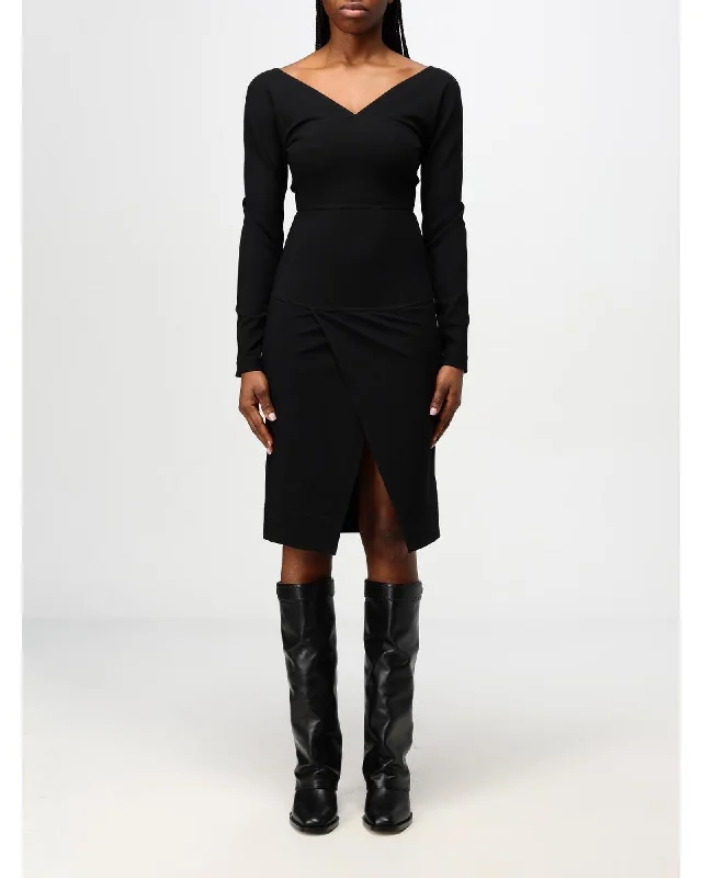Fendi Fitted Midi Dress VNeck Wrap Women Black Dresses