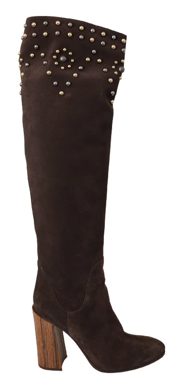Dolce & Gabbana  Brown Suede Knee-High Boots with Studs
