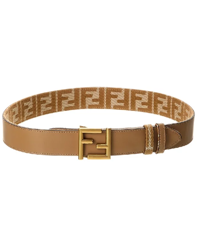 Fendi Ff Reversible Denim Jacquard & Leather Belt