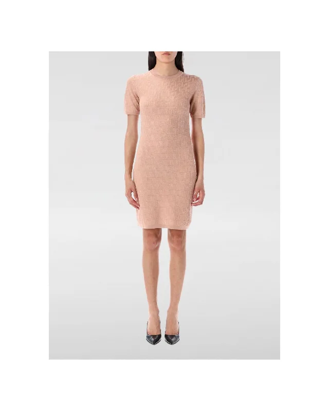 Fendi Logo Pattern Slim Dress Women Pink Dresses