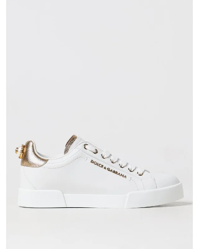Dolce & Gabbana Portofino Leather Sneakers Gold Detail Women White