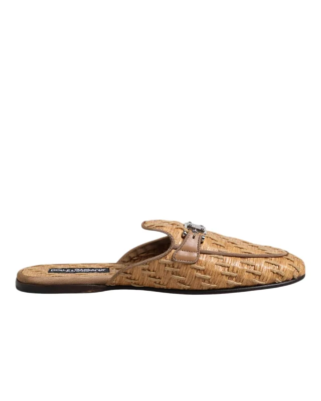 Dolce & Gabbana Raffia Woven Buckle Mules Men Beige Sandals