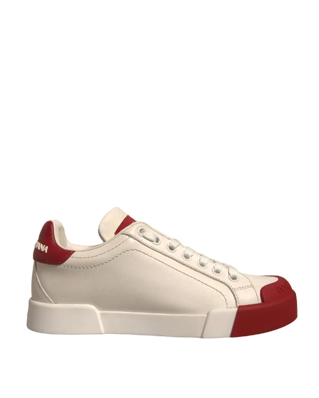 Dolce & Gabbana Leather Logo Portofino Sneakers with Rubber Sole Women White And Red