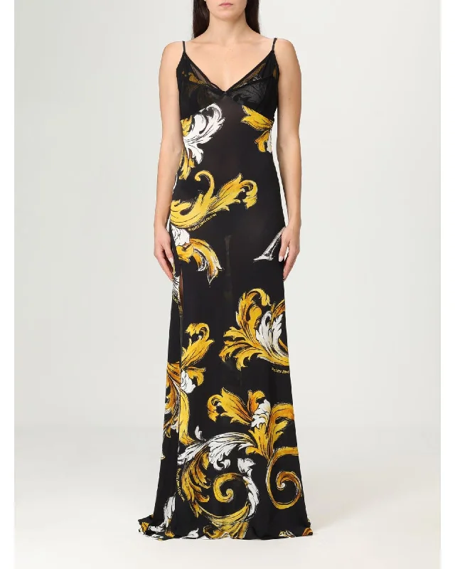Versace Jeans Couture Printed Maxi Dress with Lace Women Black Dresses