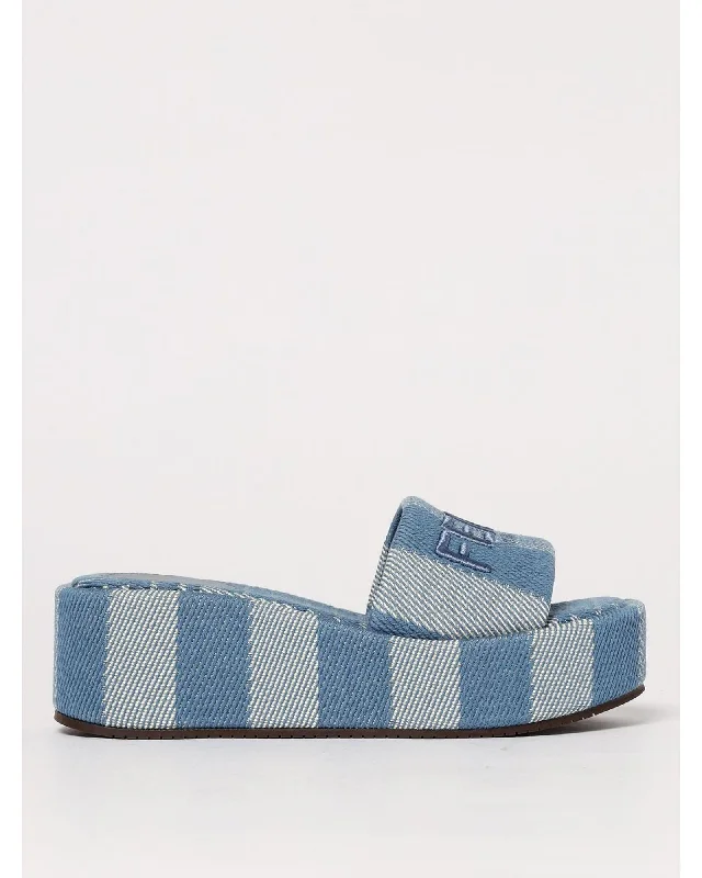 Fendi Platform Slides Denim Stripe Women Gnawed Blue Heels