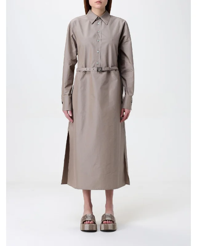 Fendi Belted Shirt Dress Midi Women Beige Dresses