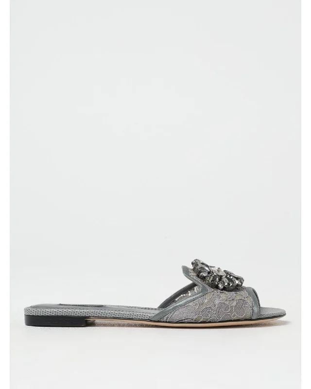Dolce & Gabbana Lace Flat Sandals Crystal Embellishments Women Grey
