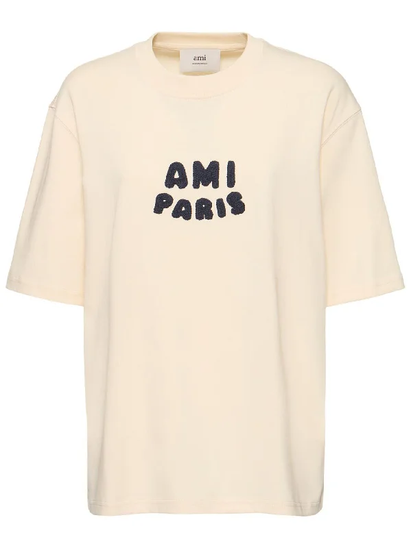 AMI PARIS Embroidered Logo T-Shirt in White Cream