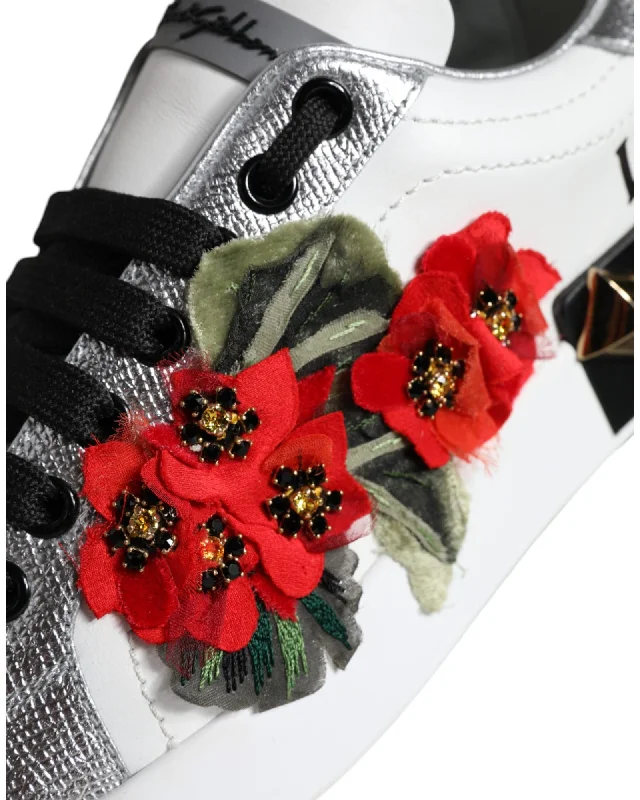 Dolce & Gabbana  Floral Embellished Leather Sneakers - White