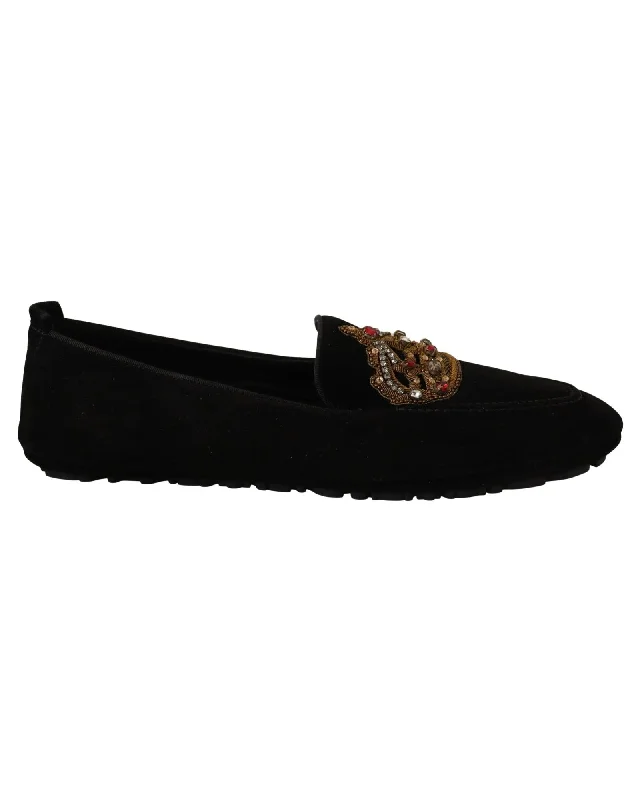 Dolce & Gabbana Leather Loafer Slides with Gold Embroidery
