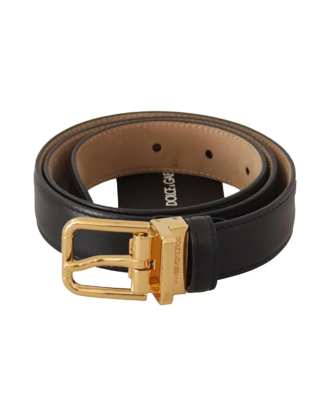 Dolce & Gabbana  Black Leather Belt with Gold Buckle