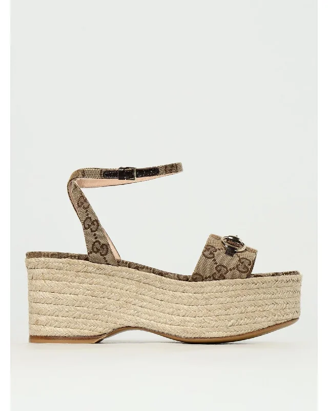 Gucci Platform Wedge Sandals Espadrille Women Beige Heels