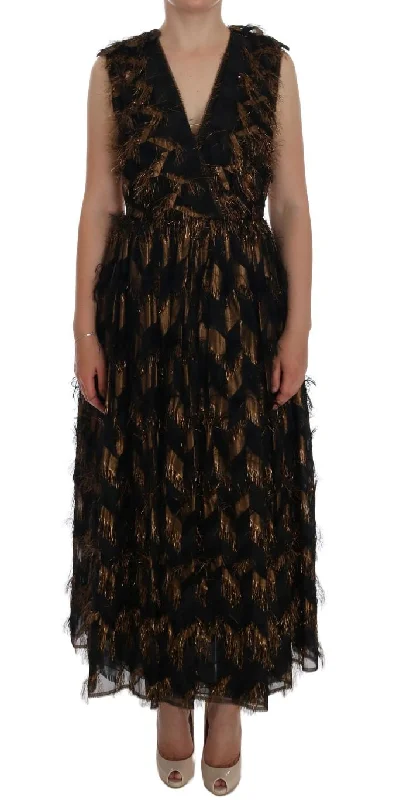 Dolce & Gabbana  Fringed Geometric Print Dress - Black & Gold