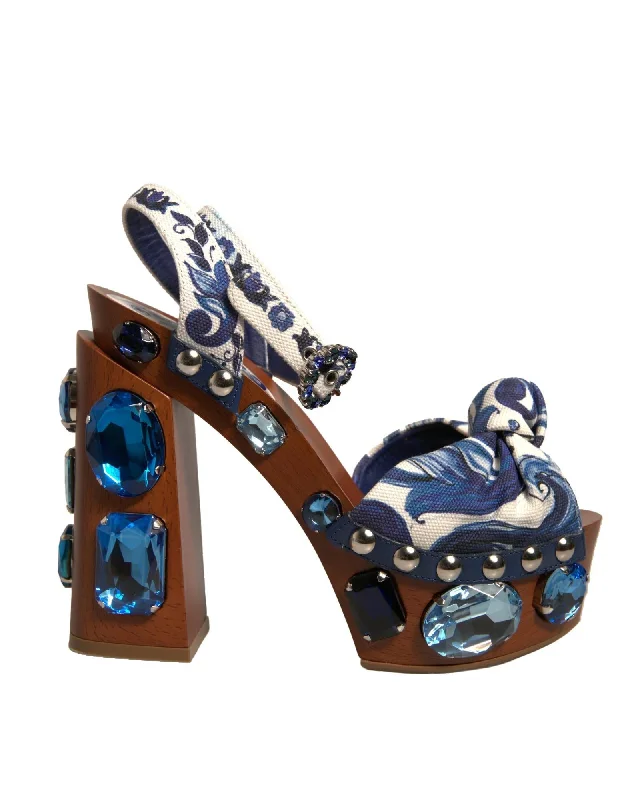 Dolce & Gabbana Majolica Print Embellished Wedge Sandals with Buckle Closure Women Multicolor