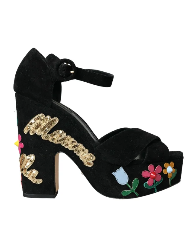 Dolce & Gabbana  Floral Embellished Suede Platform Sandals