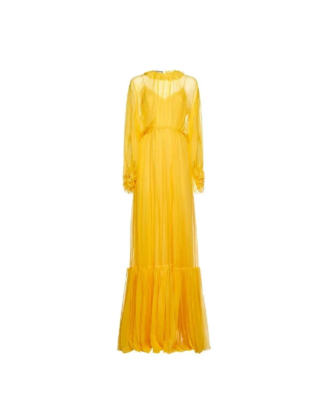Gucci Sheer Maxi Ruffle Dress Women Yellow Dresses