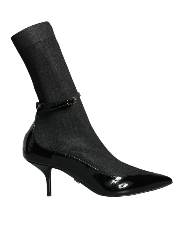 Dolce & Gabbana  Black Knit Sock Booties with Patent Leather Toe Cap