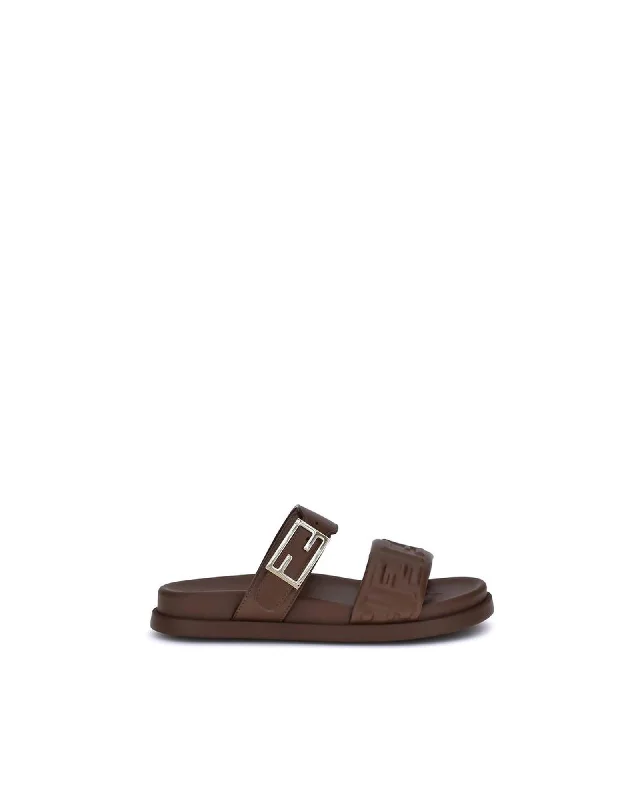Fendi Leather Sandals Logo Strap Women Brown