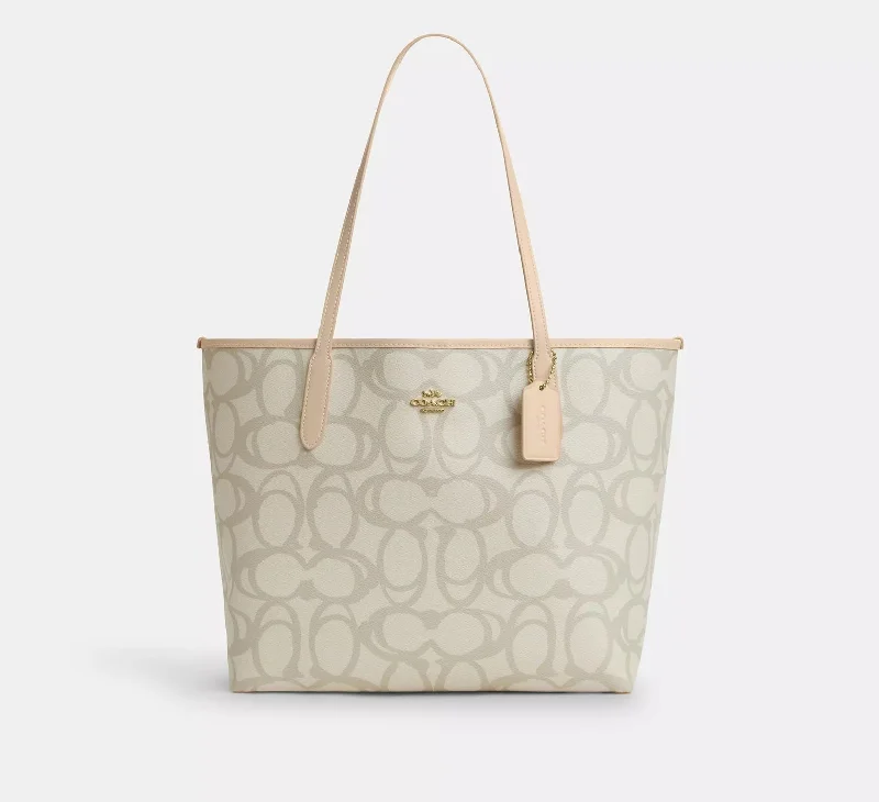 Coach City Tote Bag In Sketch Signature Canvas Gold Ivory 