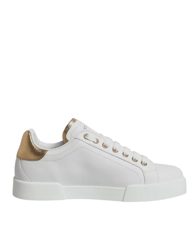 Dolce & Gabbana Luxurious Leather Low-Top Sneakers with Gold-Tone Grained Trim Men White Dolce & Gabbana Luxurious Leather Low-Top Sneakers with Gold-Tone Grained Trim Men White