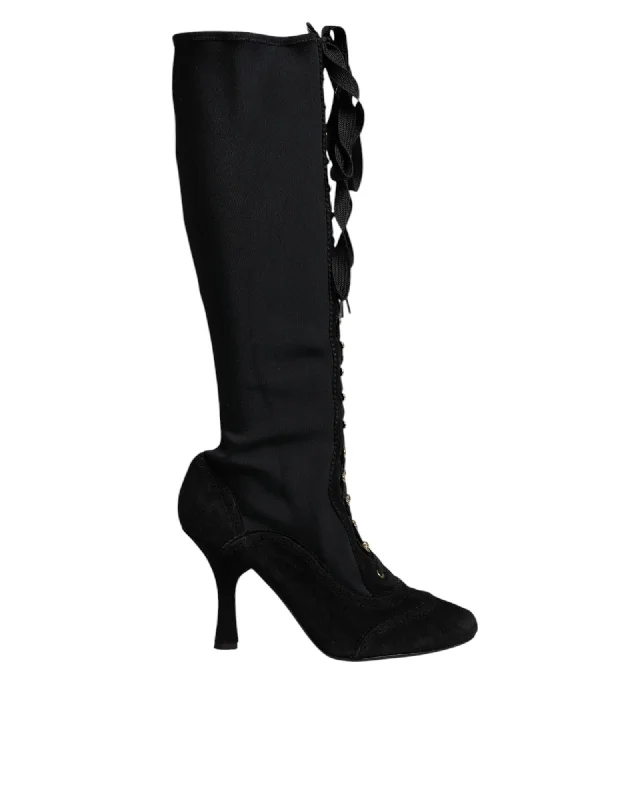 Dolce & Gabbana Laceup High Heel Suede Boots Women Black