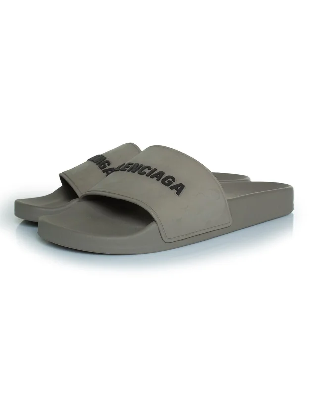 Balenciaga Logo Slides Casual Slides Women Grey | Grey Flats