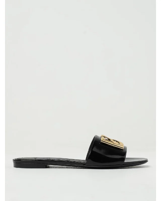 Dolce & Gabbana Patent Leather Slides Buckle Detail Women Black Flat Sandals