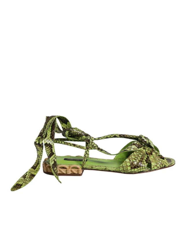 Dolce & Gabbana Woven Raffia Heel Snakeskin Sandals Women Green Flats