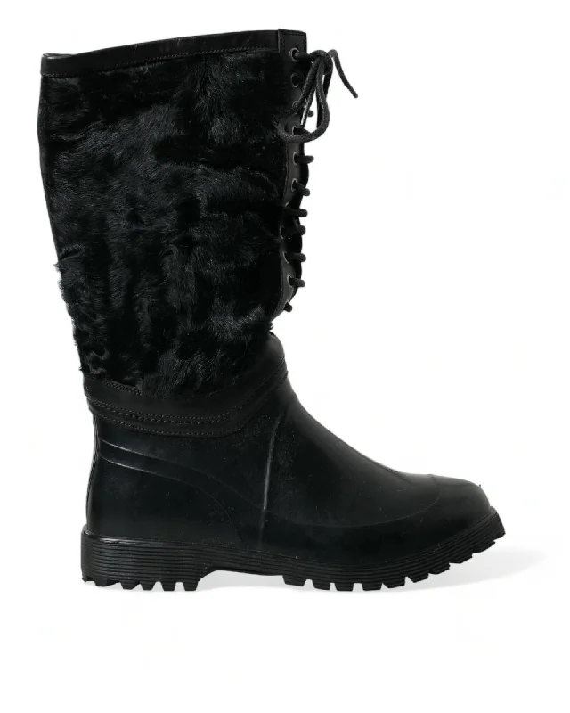 Dolce & Gabbana Shearling Rubber Lace Up  Rain Boots