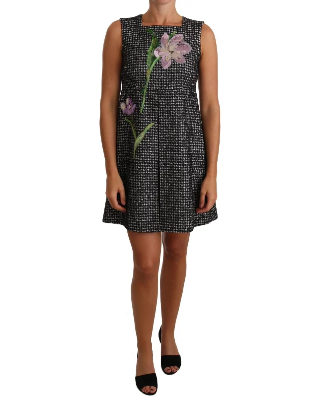 Dolce & Gabbana Houndstooth Floral Applique Shift Dress