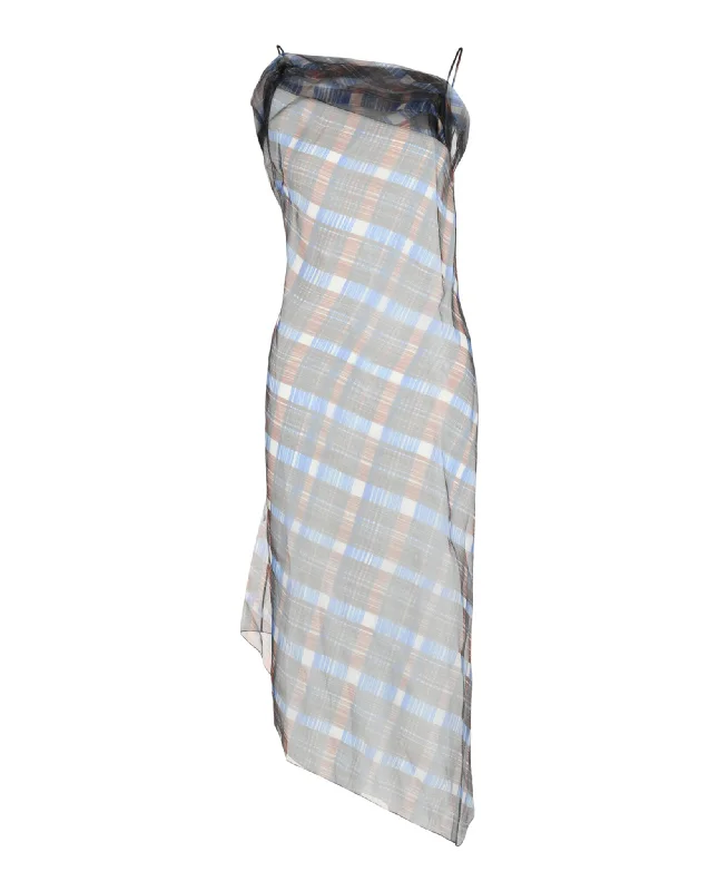 Ferragamo Womens Organza Plaid-Check Midi Dress