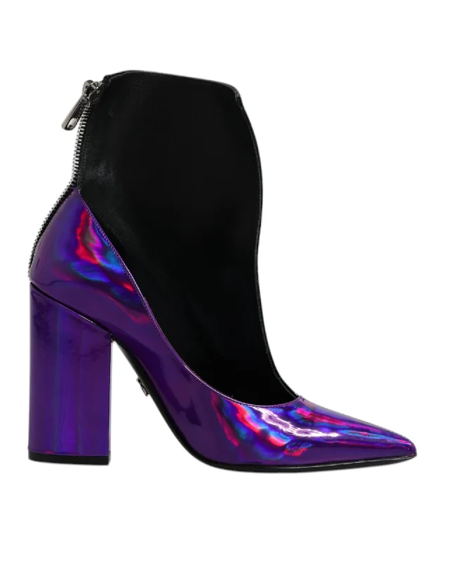 Dolce & Gabbana Leather Pointed Ankle Boots with Zipper Closure and Logo Details