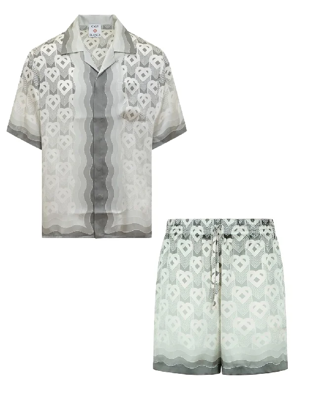 Casablanca Gradient Heart Monogram Silk Shirt & Shorts Set in Grey